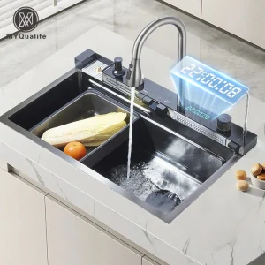 304 Stainless Steel Waterfall Kitchen Sink – Integrated Digital Faucet Workstation