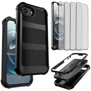 Rugged Shockproof Case for iPhone 16e with 4 Tempered Glass Screen Protectors